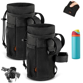 Desing Wish 2 Pcs 12-24oz Bike Water Bottle Holder Handlebar Holder with Mesh Pocket and Velcro Fastener Bike Cup Holder Water Bottle Bag Carrier Ebikes Walking Scooter Sports Bottle Cage Accessories