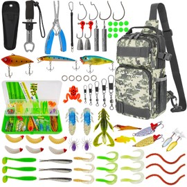 THKFISH 79 Pieces Fishing Bag Set, Waterproof Fishing Backpack with Boxes, Fishing Bag for Fishing, Including Fishing Pliers, Lures, Fish Hook Remover and Lip Gripper