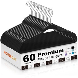 HOUSE DAY Black Plastic Hangers 60 Pack - Heavy Duty Non-Velvet Hangers with 360° Swivel Chrome Hook & Non Slip Notches - Slim Space Saving Clothes Hangers Ideal for Dresses Coats Shirts Jackets