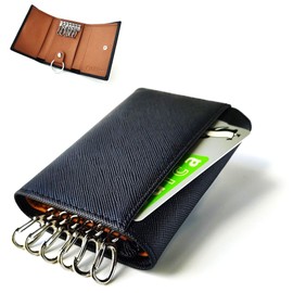 Pebblee Key Case, 6 Strands, Wallet, Card Case, Carbon Leather, Detachable Key Ring Included, Black x Camel