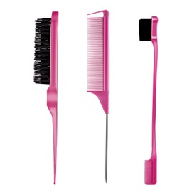 3 Pieces Hair Styling Comb Set Teasing Hair Brush Rat Tail Comb Edge Brush for Edge&Back Brushing, Combing, Slicking Hair for Women (Rose Red)