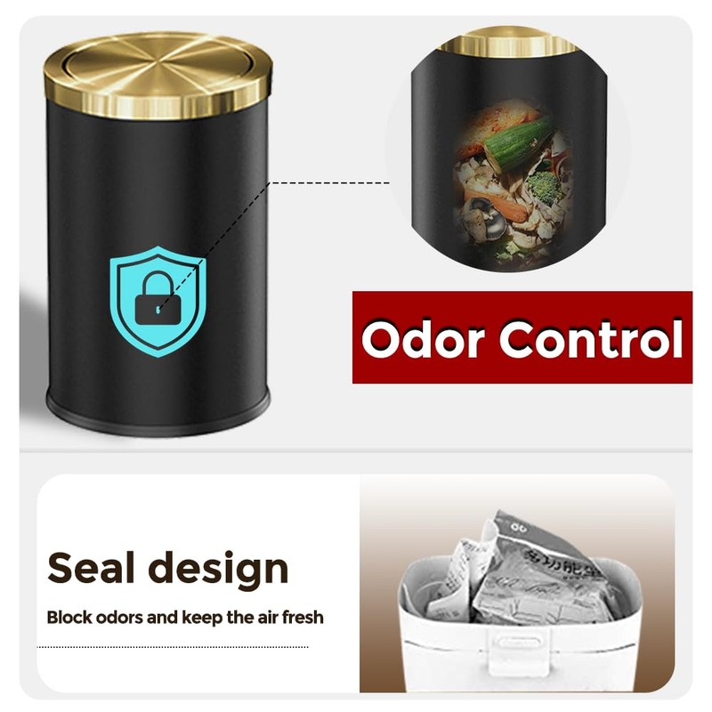LEASYLIFE 9L/2.4GAL Black Bathroom Trash Can,Gold Small Trash Can with
