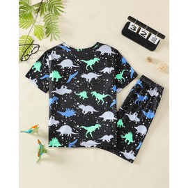 Trsenvrml Kids Pajamas Set Boys Dinosaur Pjs Toddlers Short Long Sleeve Shirts + Pants Shorts Set Light Reflecting Nightwear (Black Shorts, 7-8T)