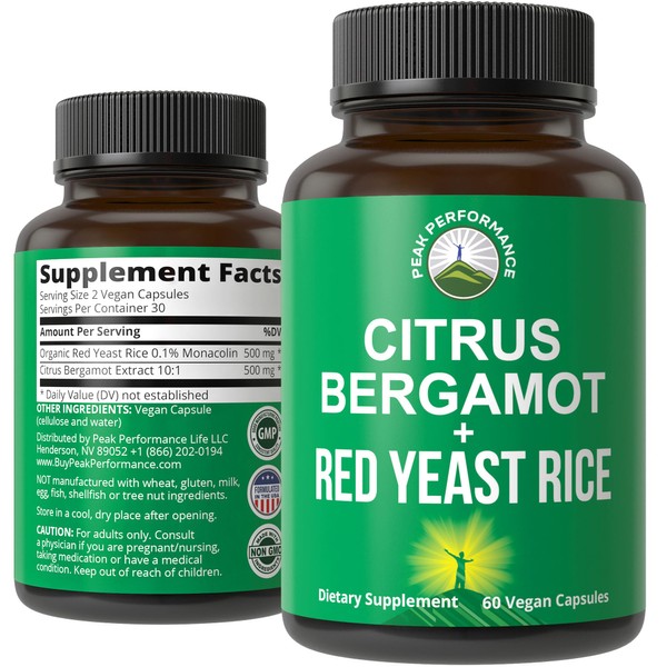 Peak Performance Citrus Bergamot + Red Yeast Rice. 2-in-1 Supplement. High Strength 10:1 Bergamot Extract. No Gluten, Zero Sugar, Vegan Capsules