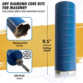 3-1/2" Diamond Dry Core Bit for Brick and Block with SDS Plus Adapter and Pilot Collar, 9.5" Drilling Depth