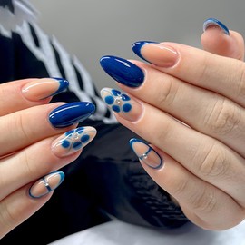 Blue Almond Press on Nails French Tip Medium Fake Nails Glossy Glue on Nails Flower Rhinestone Acrylic Nails Summer Nail Design Full Cover Cute False Nails Medium Length Artificial Nails for Women