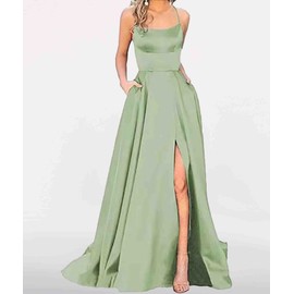 HAHAEMMA Women's Elegant Long Ball Dresses with Pockets, Satin, A-Line, Backless Wedding Dress, Evening Dresses, Sexy Halterneck Spaghetti Wedding Dress, Long Princess Bridesmaid Dress, light green