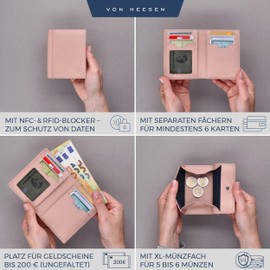 VON HEESEN® Men's Leather Wallet with Coin Compartment and RFID Protection, Genuine Leather Wallet for Men and Women, Wallet, rose, With XL coin compartment