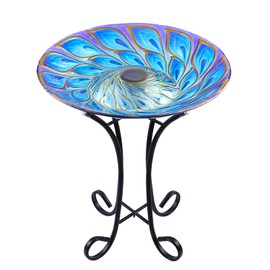 MUMTOP Outdoor Glass Bird Bath Solar Birdbaths with Metal Stand for Lawn Yard Garden Peacock Decor,18” Dia 21.65” Height