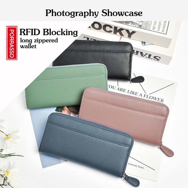PORRASSO Women's Leather Wallet with RFID Blocking Large Purse Minimalist