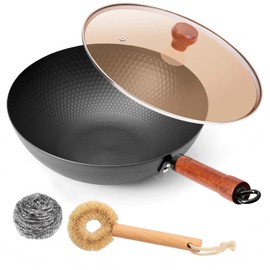 WANGYUANJI 12.6" Iron Wok with Lid, Flat Bottom Nonstick Wok Pan with Detachable Wooden Handle, Chinese Stir Fry Pan for Induction, Gas and Electric Stoves