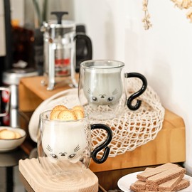 SHENDONG Cute Bear Cups Set of 2 Cute Cups Bear Tea Coffee Cup 8.5 oz Milk Cup for Personal Birthday, Valentine's Day and Office (Pack of 2, White Bear) (White-Black Cat Set of 2)