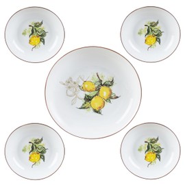 Lorren Home Trends Porcelain Pasta Bowl Set, 11-inch Serving Bowl with 4 Individual 8-inch Bowls, Lemon Design Pattern