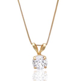 MAX + STONE 14k Yellow Gold 5mm Round Solitaire Cubic Zirconia Pendant Necklace for Women with 18 Inch Box Chain