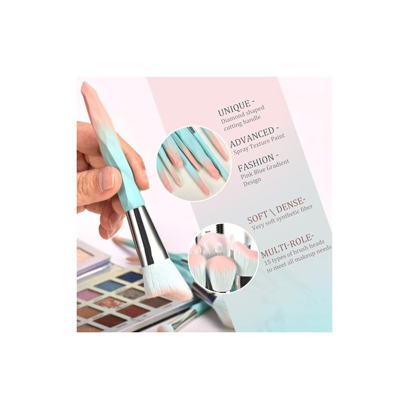 Juego de brochas de maquillaje de 15 piezas con 3