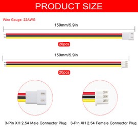 Lyeteung 20 Pairs JST 2.54 XH 3 Pin Connectors, Mini Micro JST XH 2.54 mm 3-Pin Female and Male with 150 mm 22AWG Cable Wire