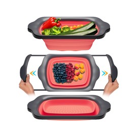 XL Large Kitchen Strainer by Comfify - Collapsible Silicone Over-The-Sink Colander with Extendable Handles - Use with Pasta, Fruit, Berries & Veggie - 6 Quart - Coral