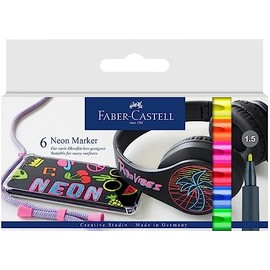 Faber-Castell Creative Markers, 6 Neon Colors: Multi-Surface Paint Pen Markers, Neon Fluorescent Colors Glows Under Black Light