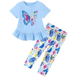 CARETOO Girls Holiday Outfits 2pcs Back to School Summer Outfits for Girls Cute Colorful Butterfly Pattern Ruffle Hem Aqua Blue Short Sleeve Top and Floral Capri Pant 4-5t 4t 5t