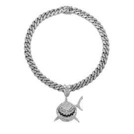 BLINGFACTORY White Gold Plated Lab Diamond Iced Shark Pendant & 16" 18" 20" 24" Iced Box Lock Cuban Chain Hip Hop Necklace (Pendant & 24" Chain)