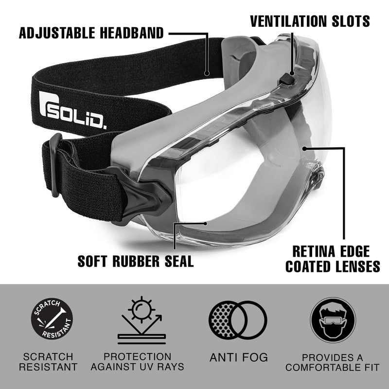 SolidWork Safety Goggles Anti-Fog Clear Lens with Adjustable Elastic Headband.