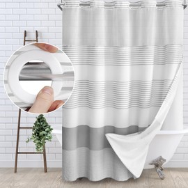 Awellife No Hook Shower Curtain with Snap in Liner Set Cotton and Linen Blend Shower Curtain for Bathroom Boho Gray Striped 75" L x 60" W