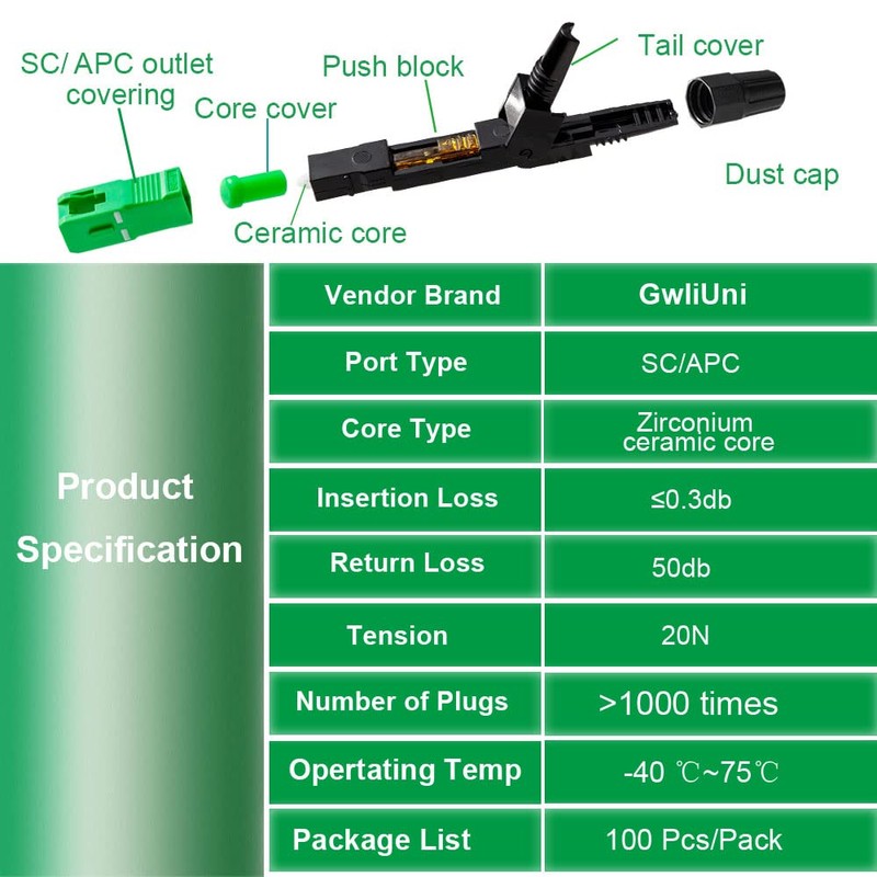 100 Pcs SC Fiber Optical Fast Cold Connector, Single Mode