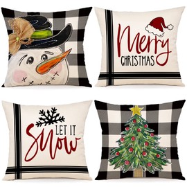 Christmas Pillow Covers 18x18 Set of 4 Farmhouse Christmas Decorations Christmas Pillows Linen Decorative Pillows for Christmas Decor Indoor Home Decor