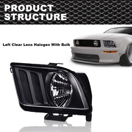 CNNELL Headlight Assembly Compatible with 2005 2006 2007 2008 2009 Ford Mustang 1PCS Driver Side Headlamp(Clear lens Black Housing Amber Reflector)
