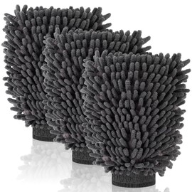3 Pack Chenille Microfiber Car Wash Mitt, 7" x 9.8" Car Washing Mitts, Home Dusting Gloves, Scratch Free Lint-Free, Highly Absorbent, Double Sided, for Cleaning Detailing Polish (Grey)