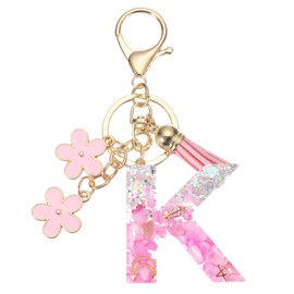 [PATIKIL] Alphabet Initial Letter Key Chain Tassel Flower Letter K Pendant Decoration Resin Cute Key Chain for Women Key Purse Handbag Bag Accessories Pink, Pink