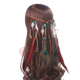 AWAYTR Bohemian Feather Headband - Hippie Peacock Hairband with Long Pheasant Feathers for Women and Girls (Dark red #1)