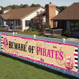 Pirate Party Decorations Beware of Pirates Yard Banner Hot Pink Pirate Treasure Map Courtyard Banner for Girls Kids Nautical Theme Pirate Birthday Party Decor Supplies
