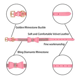 LOVPE Crystal Dog Collar/Cat Collar Velvet Leather with Bow-Knot Tie Rhinestone Puppy/Kitten Collars for Small Dogs & Cats (XS(Neck for:8-10 Inch), Pink)