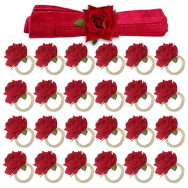 Set of 24 Valentine's Rose Napkin Rings Red Rose Napkin Rings Red Handicraft Flower Napkin Rings Pink Flower Napkin Holder Wedding Napkin Holder Table Decoration for Mother Day Party