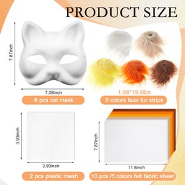 Seenelling 19 Pcs DIY Therian Mask Kit Blank Cat Mask with Felt Fabric Sheet Plush Faux Fur Eye Mesh for Therian Gear Stuff (Colorful)