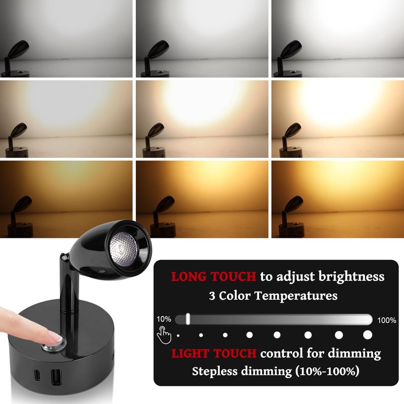 WTNYOU 12V LED Reading Light with Dual Charging Ports, Touch