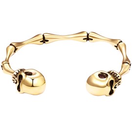 Flongo Mens Bracelet Open Skull Clasp Bangle Stainless Steel Bracelet for Gothic Punk Men Women Silver Black Gold Adjustable Bracelet Bone Bracelet Punk Accessories, Stainless Steel