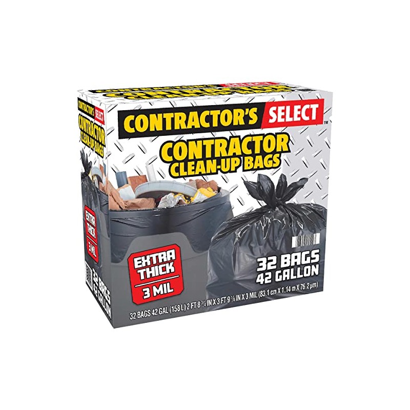 Contractor's Select Contractor Clean-Up Bags, Extra Thick, Black, 42 Gal,
