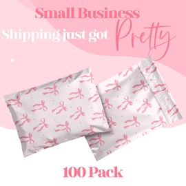 10x13 Designer Poly Mailer 100 Pack Heavy Duty Waterproof Self Seal Shipping Bags for Small Business Large Mailing Envelopes Bulk Tear Resistant Cute Packaging Pink Bows Coquette