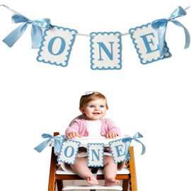One High Chair Banner Girls - Bow 1st Birthday Banner Baby Girl Fairy First Birthday Party Decorations Non-Toxic Fabric with Double Satin Bows (Blue)