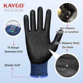 KAYGO Work Gloves with Grip Dots on Palm for Anti-Slip, KG19N, MicroFoam Nitrile Coated Light Oil Compatible, Seamless Knit Nylon Gripper Work Gloves for Warehouse, Automotive, DIY (Navy Blue, M)