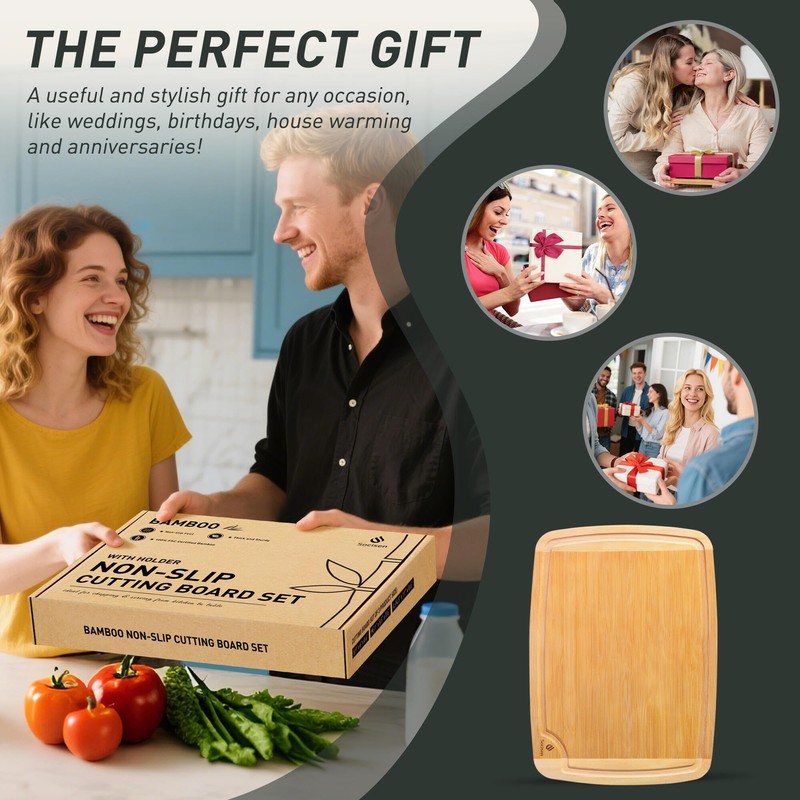 Bamboo Cutting Board Set Non Slip Feet with Holder Over