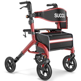SUCCU Walkers for Seniors with Seat, 8" All-Terrain Rollator Walker, Red