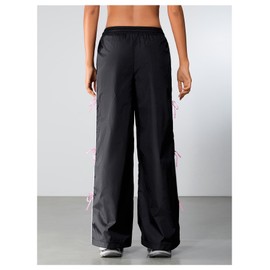 SOLY HUX Women's Parachute Pants Y2k Baggy Track Pants Bowknot Wide Leg Sweatpants Loose Casual Streetwear Black and Pink XS