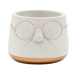 Napco Gold Bottom Face with Glasses White 4.5 x 4.75 Concrete Indoor Planter Pot