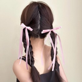 VOBOBE 4PCS Hair Bows for Women Girls, Pink Tassel Ribbon Bowknot Hair Clips Barrettes for Girl with Long Tail, Solid Satin Hair Accessories (Pink)