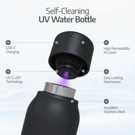 UVBRITE UV self-Cleaning and Water-Purifying Bottle TT-B02-18.6 Ounce Insulated Rechargeable Stainless-Steel Tumbler with Safety Lock Prevents Accidental Exposure Ideal for Outdoor and Emergency use