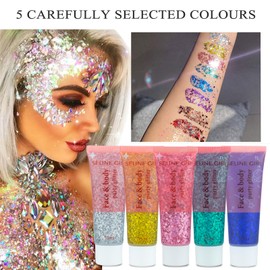 5Pcs Face Chunky Glitter Gel,75ml Mermaid Sequins for Body & Hair & Face & Eye & Lip Festival Holographic Glitter for Party Show Nightclub Art Festival Makeup Decoration,Vegan, Cruelty-Free