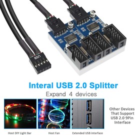 Kowlone Motherboard 9 Pin USB Header Splitter, Male 1 to 4 Female Extension Splitter Cable Desktop Card PCB Board 9-Pin USB 2.0 HUB Connector Adapter Port Multiplier PWM Fan Splitter Cable